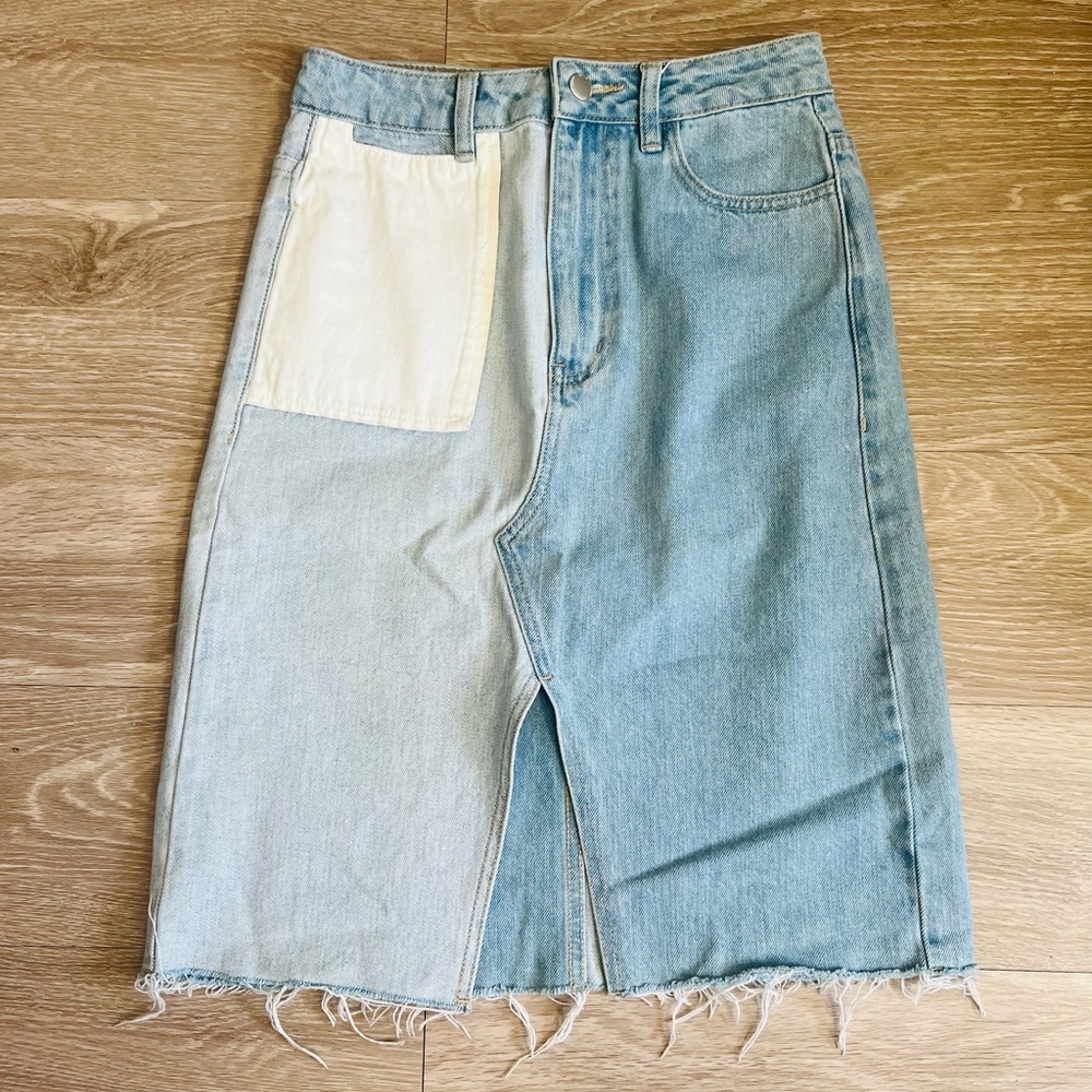 Two-Tone Denim Skirt with Frayed Hem